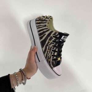Converse All Star Personalizzate Platform Low Strisce con Borchie Nero e Oro