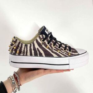 Converse All Star Personalizzate Platform Low Strisce con Borchie Nero e Oro