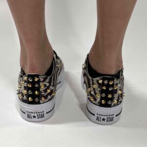 Converse All Star Personalizzate Platform Low Strisce con Borchie Nero e Oro