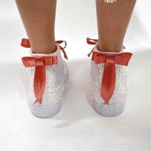 Converse All Star Personalizzate Sposa Total White Laccetti e Fiocco Rosa Antico
