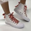 Converse All Star Personalizzate Sposa Total White Laccetti e Fiocco Rosa Antico
