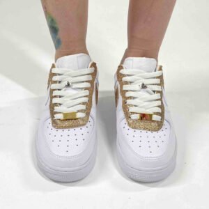 Nike Air Force 1 Custom Doppio Swoosh Oro e Glitter Bianco e Borchie Oro