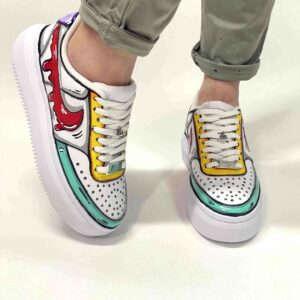 Nike Court Vision Low Platform Cartoon Dipinte A Mano Verde Acqua, Giallo, Viola e Swoosh Gocce Cadenti Rosso
