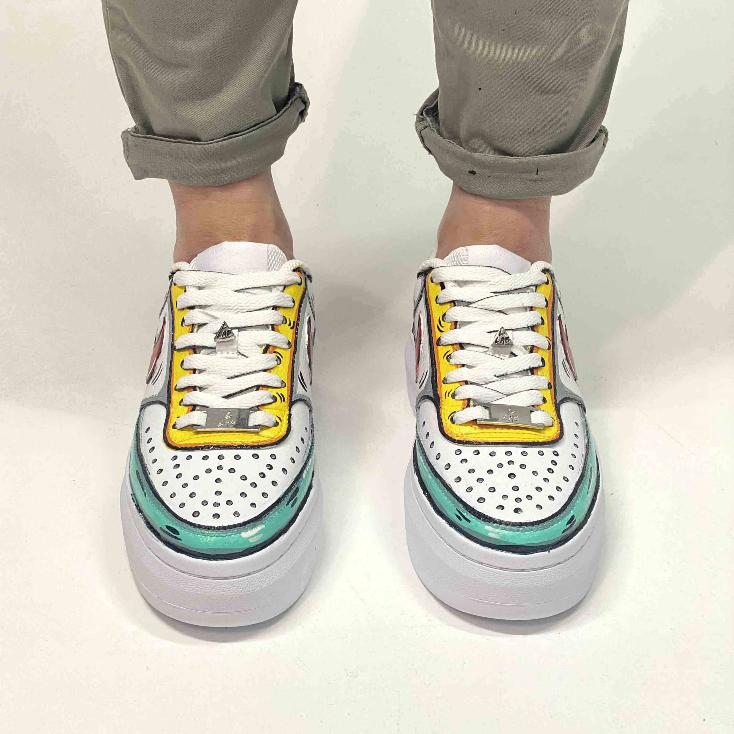 Nike Court Vision Low Platform Cartoon Dipinte A Mano Verde Acqua, Giallo, Viola e Swoosh Gocce Cadenti Rosso