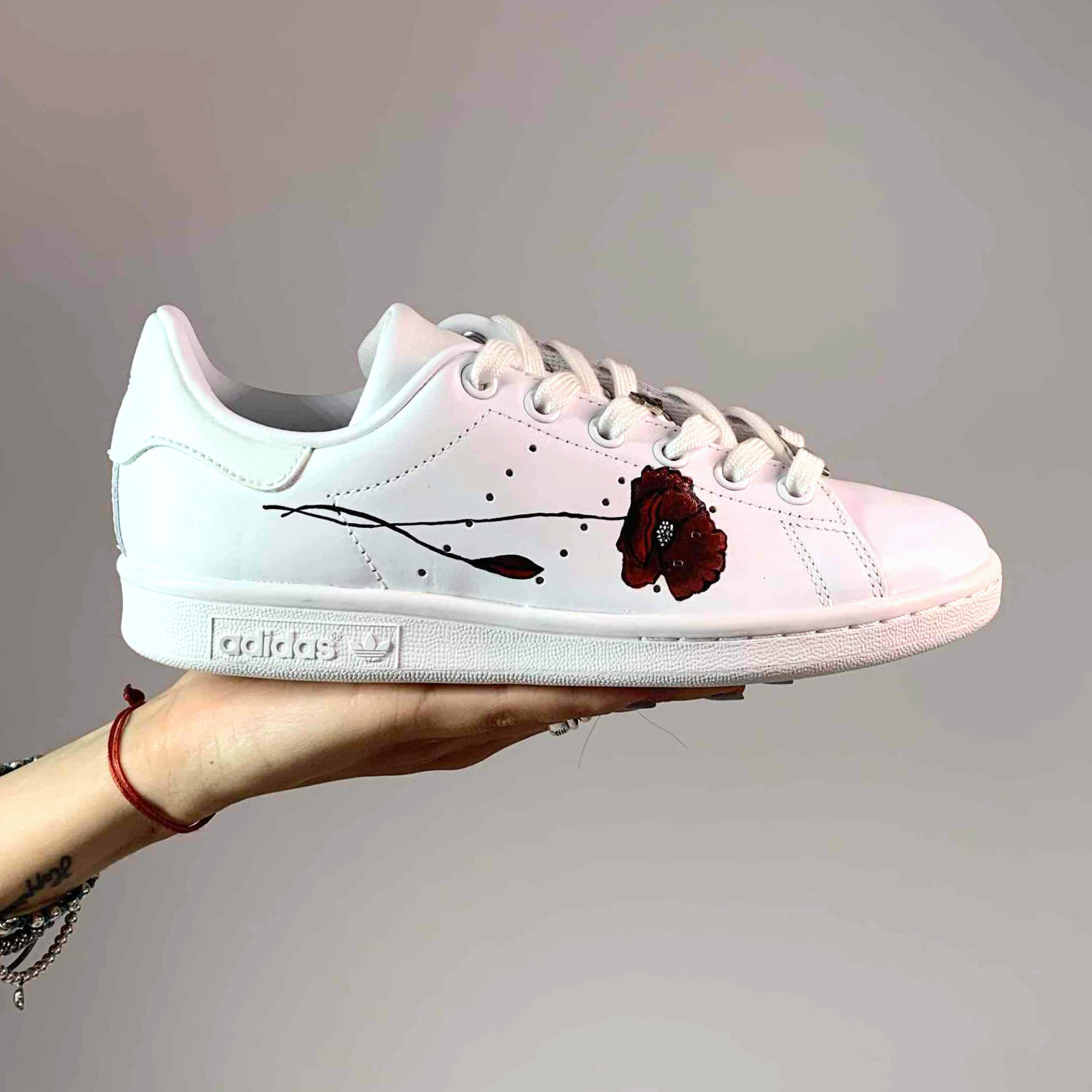Adidas Stan Smith Personalizzate Dipinte A Mano Papaveri Rossi