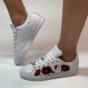 Adidas Stan Smith Personalizzate Dipinte A Mano Papaveri Rossi