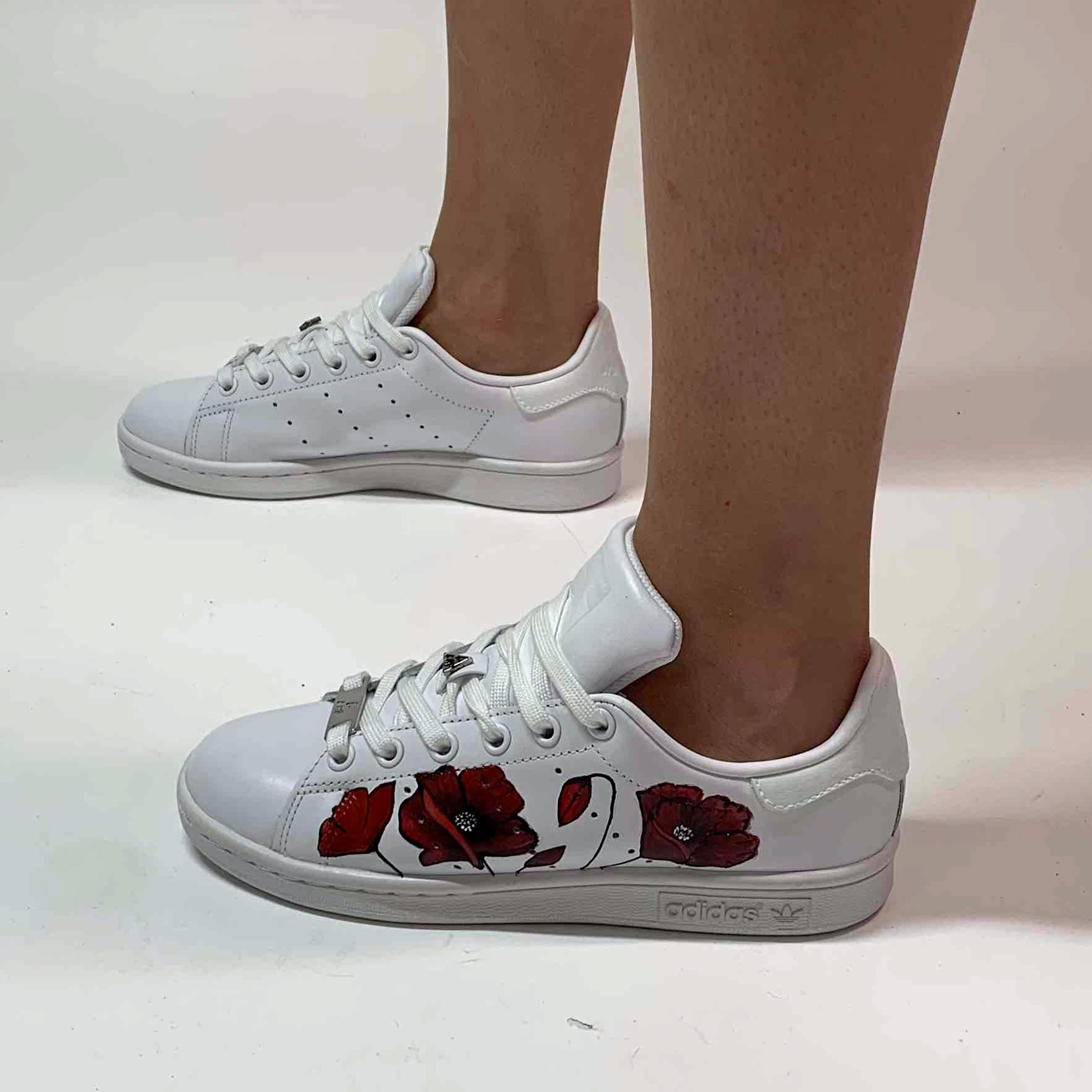 Adidas Stan Smith Personalizzate Dipinte A Mano Papaveri Rossi
