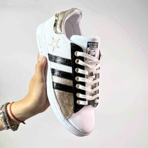 Adidas Stan Smith Personalizzate Glitter Bianco, Inserti Oro e Leo, Pelle Lucida Nera