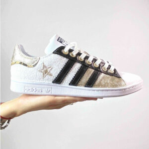 Adidas Stan Smith Personalizzate Glitter Bianco, Inserti Oro e Leo, Pelle Lucida Nera