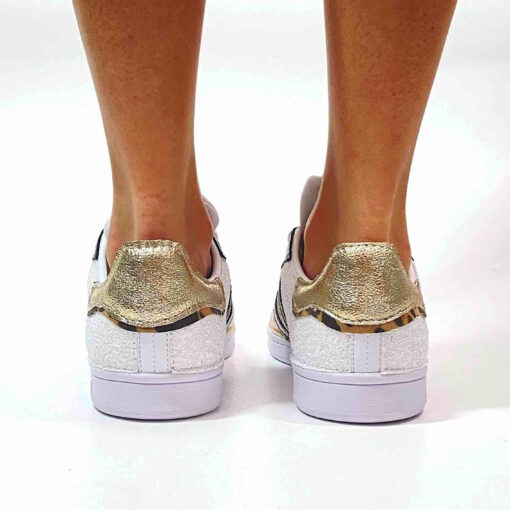 Adidas Stan Smith Personalizzate Glitter Bianco, Inserti Oro e Leo, Pelle Lucida Nera