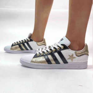 Adidas Stan Smith Personalizzate Glitter Bianco, Inserti Oro e Leo, Pelle Lucida Nera