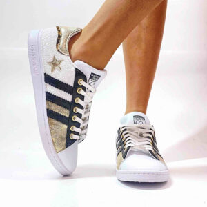 Adidas Stan Smith Personalizzate Glitter Bianco, Inserti Oro e Leo, Pelle Lucida Nera