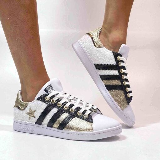 Adidas Stan Smith Personalizzate Glitter Bianco, Inserti Oro e Leo, Pelle Lucida Nera