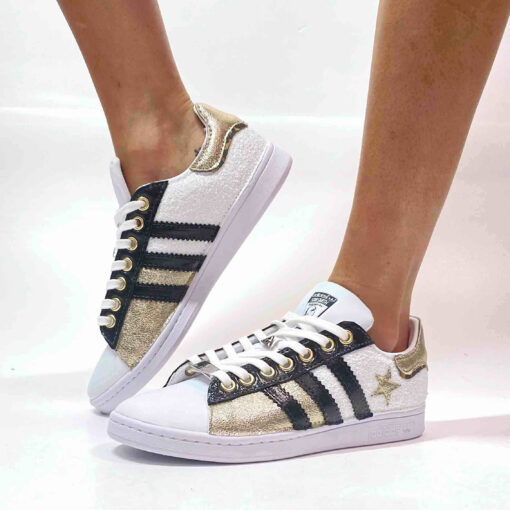 Adidas Stan Smith Personalizzate Glitter Bianco, Inserti Oro e Leo, Pelle Lucida Nera