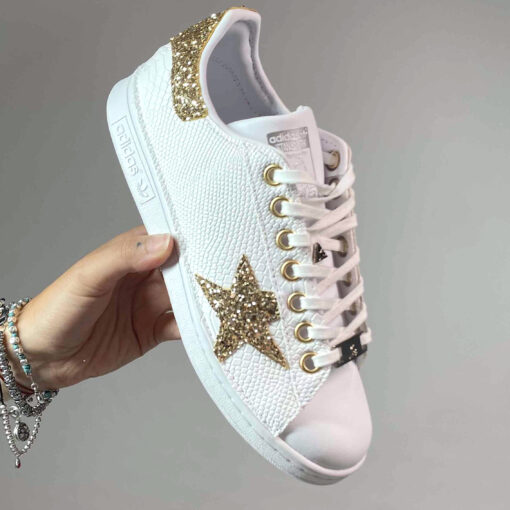 Adidas Stan Smith Personalizzate Squamato Bianco e Glitter Oro