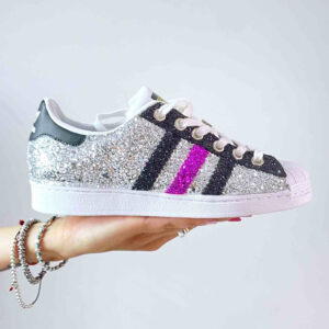 Adidas Superstar Personalizzate Glitter Argento, Nero & Fuxia