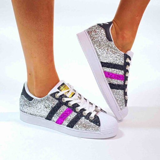 Adidas Superstar Personalizzate Glitter Argento, Nero & Fuxia