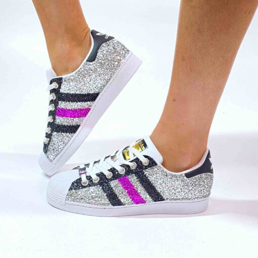 Adidas Superstar Personalizzate Glitter Argento, Nero & Fuxia