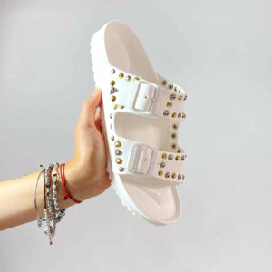 Arizona Eva Birkenstock Personalizzate Base Bianca, Borchie Oro e Argento