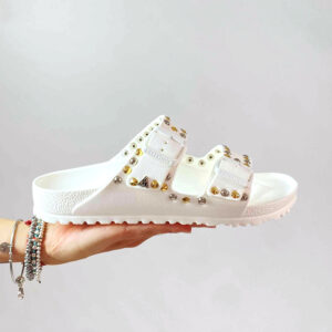 Arizona Eva Birkenstock Personalizzate Base Bianca, Borchie Oro e Argento
