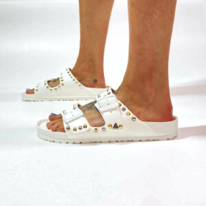 Arizona Eva Birkenstock Personalizzate Base Bianca, Borchie Oro e Argento