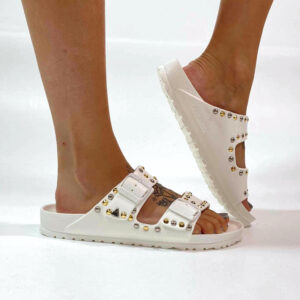 Arizona Eva Birkenstock Personalizzate Base Bianca, Borchie Oro e Argento