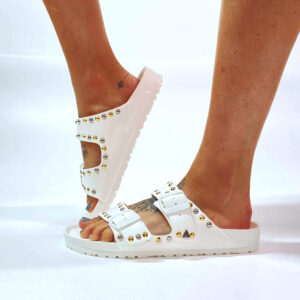 Arizona Eva Birkenstock Personalizzate Base Bianca, Borchie Oro e Argento