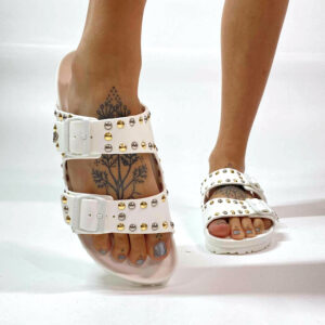 Arizona Eva Birkenstock Personalizzate Base Bianca, Borchie Oro e Argento