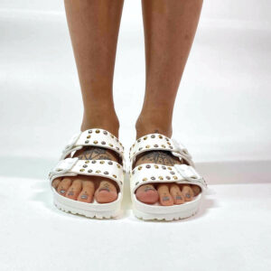 Arizona Eva Birkenstock Personalizzate Base Bianca, Borchie Oro e Argento