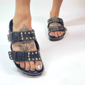 Arizona Eva Birkenstock Personalizzate Base Nera, Borchie Oro e Argento