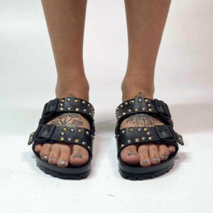 Arizona Eva Birkenstock Personalizzate Base Nera, Borchie Oro e Argento