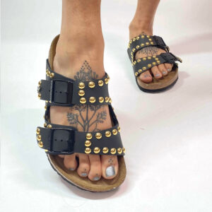 Birkenstock Arizona Personalizzate Base Nera Borchie a Sfera Basso Oro