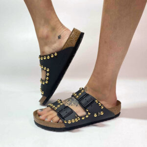 Birkenstock Arizona Personalizzate Base Nera Borchie a Sfera Basso Oro
