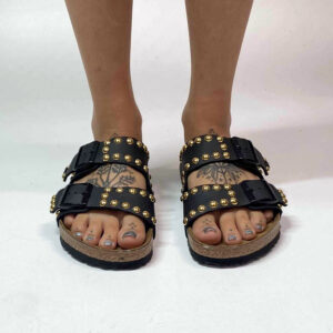 Birkenstock Arizona Personalizzate Base Nera Borchie a Sfera Basso Oro