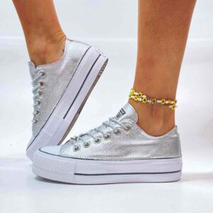 Converse All Star Personalizzate Platform LOW Argento e Lacci Argento
