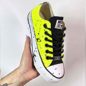 Converse All Star Personalizzate Platform Low Glitter Giallo Fluo e Sporcatura Nera