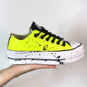 Converse All Star Personalizzate Platform Low Glitter Giallo Fluo e Sporcatura Nera