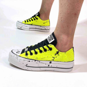 Converse All Star Personalizzate Platform Low Glitter Giallo Fluo e Sporcatura Nera