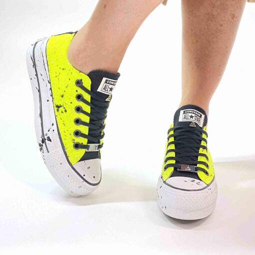 Converse All Star Personalizzate Platform Low Glitter Giallo Fluo e Sporcatura Nera