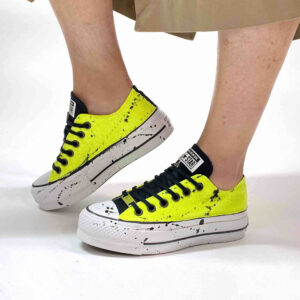 Converse All Star Personalizzate Platform Low Glitter Giallo Fluo e Sporcatura Nera