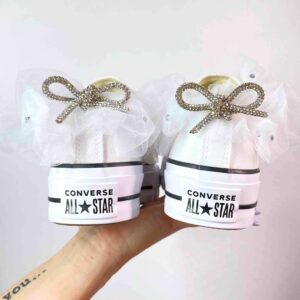 Converse All Star Personalizzate Platform Low Sposa Tulle, Fiocco e Lacci Strass “Nuvola”