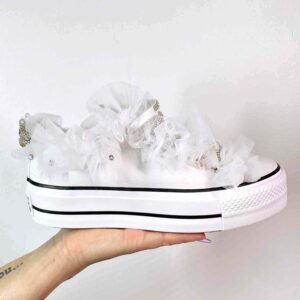 Converse All Star Personalizzate Platform Low Sposa Tulle, Fiocco e Lacci Strass “Nuvola”