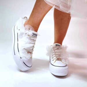 Converse All Star Personalizzate Platform Low Sposa Tulle, Fiocco e Lacci Strass “Nuvola”