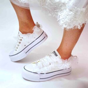 Converse All Star Personalizzate Platform Low Sposa Tulle, Fiocco e Lacci Strass “Nuvola”