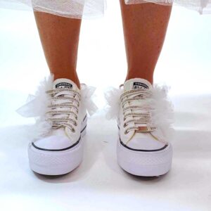 Converse All Star Personalizzate Platform Low Sposa Tulle, Fiocco e Lacci Strass “Nuvola”