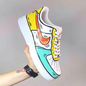 Nike Air Force One Custom Cartoon Dipinte A Mano Arancio Giallo e Azzurro