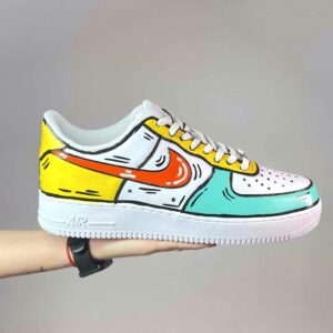 Nike Air Force One Custom Cartoon Dipinte A Mano Arancio Giallo e Azzurro