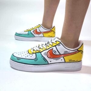 Nike Air Force One Custom Cartoon Dipinte A Mano Arancio Giallo e Azzurro