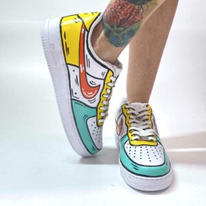 Nike Air Force One Custom Cartoon Dipinte A Mano Arancio Giallo e Azzurro