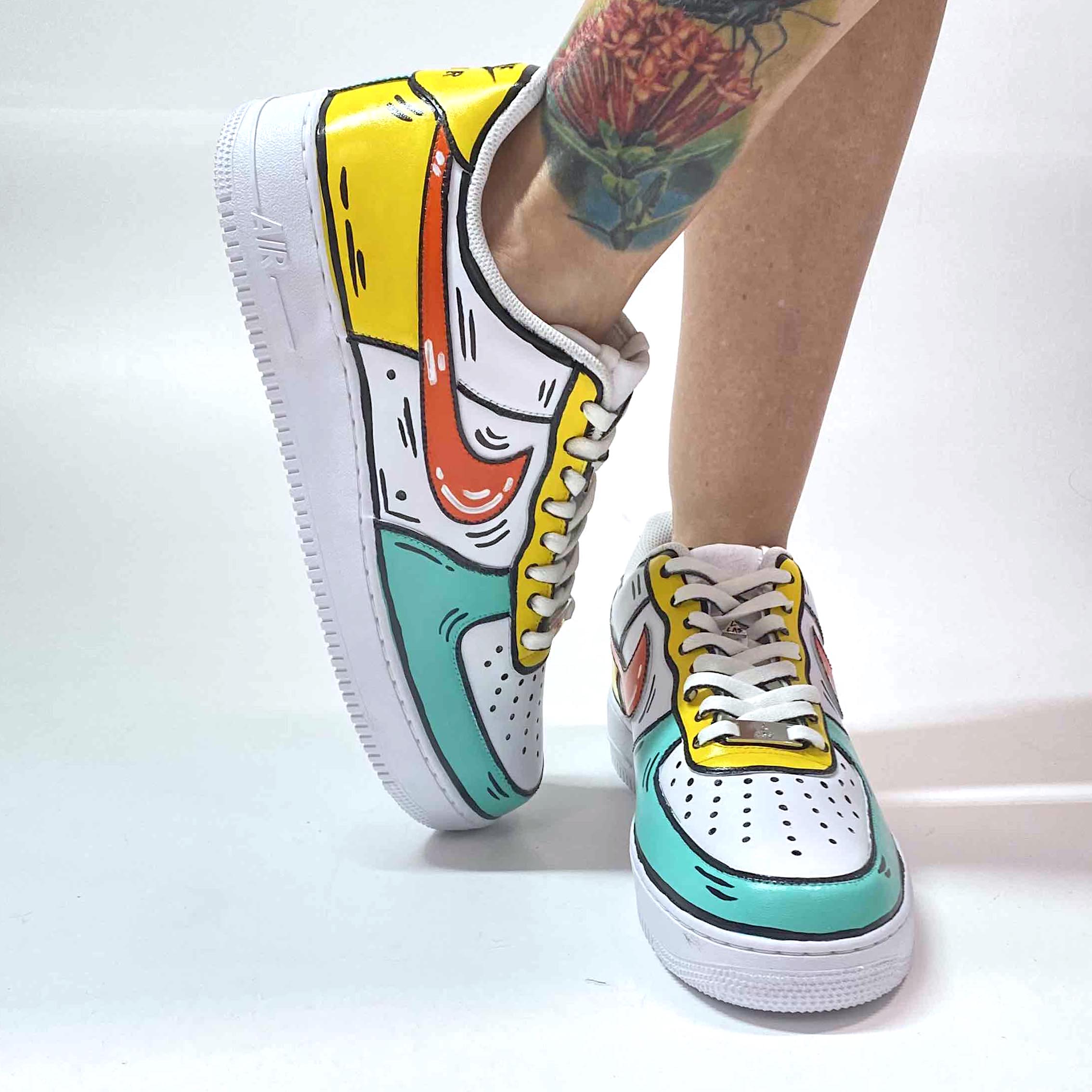 Nike Air Force One Custom Cartoon Dipinte A Mano Arancio Giallo e Azzurro